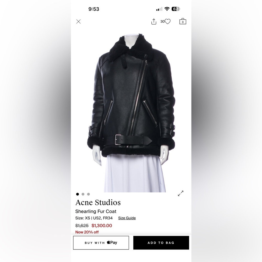 Acne Velocite Black Shearling Jacket Size 34. - Picture 14 of 15